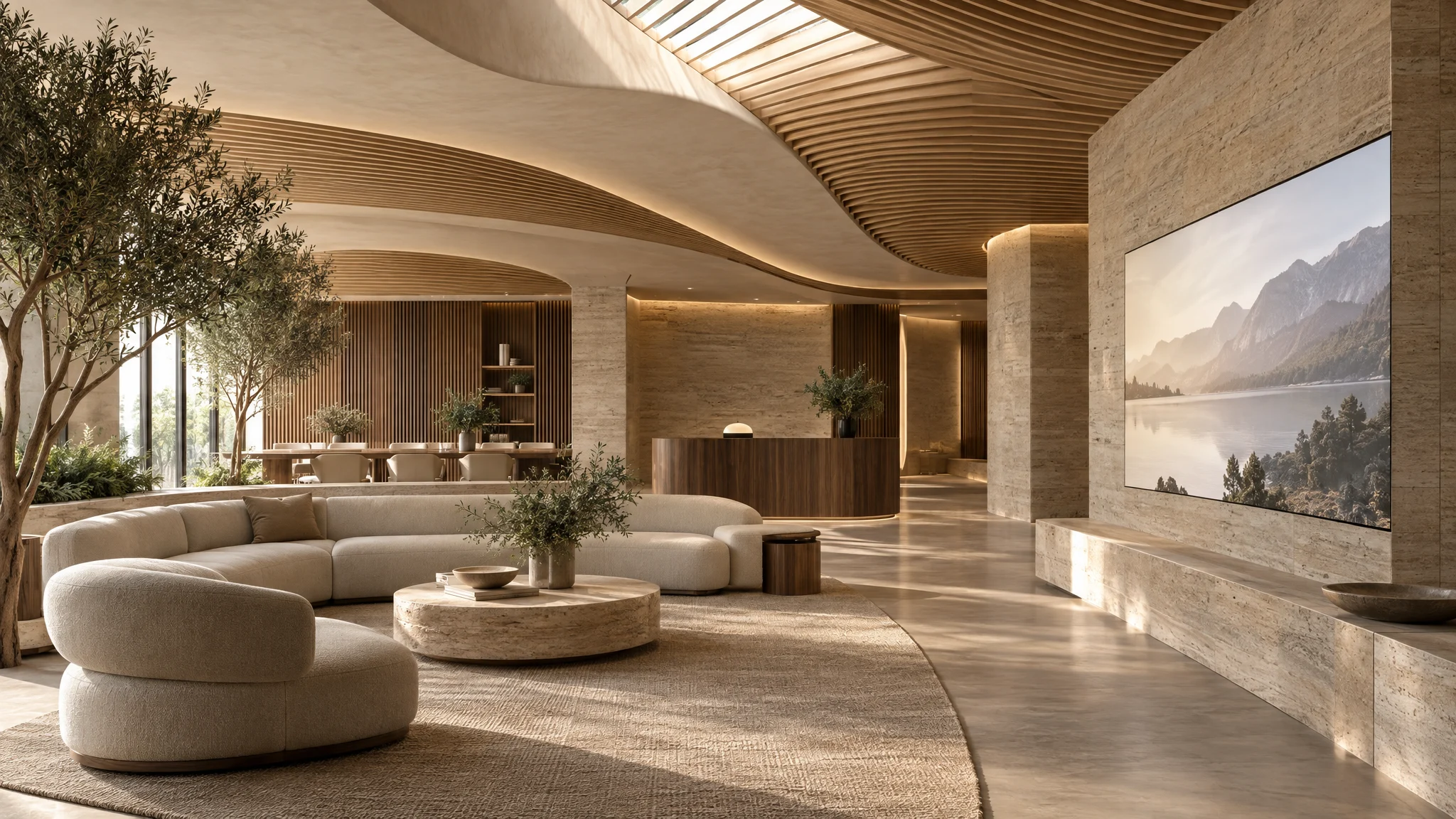 Concept of a biophilic workplace beneath a sculptural ceiling